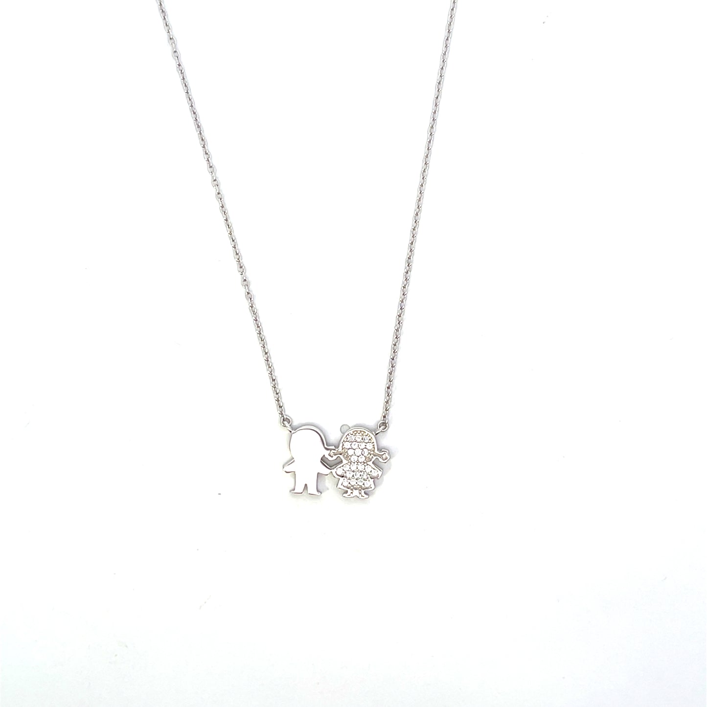 BOY AND GIRL SOLID AND CZ NECKLACE SILVER