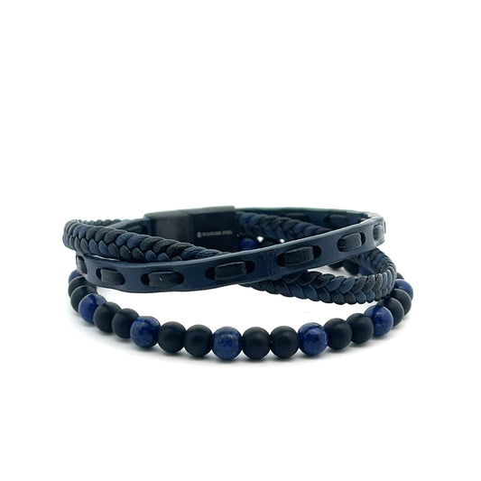 3 ROW BRAIDED AND BEADED BLUE MENS BRACELET