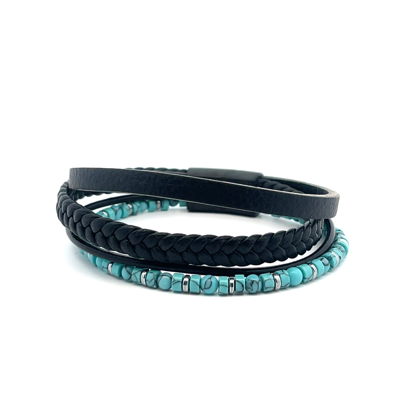 4 ROW BRAIDED AND BEADED TURQUIOISE MENS BRACELET