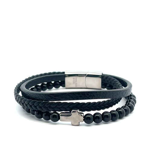 3 ROW BRAIDED WITH CROSS BLACK MENS BRACELET