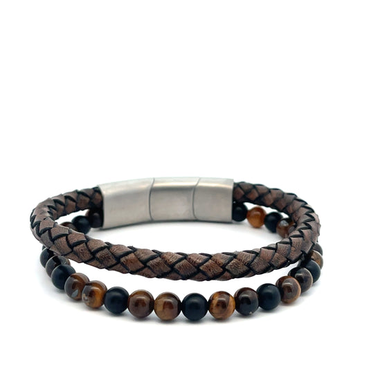 2 ROW BRAIDED BEADED BROWN MENS BRACELET