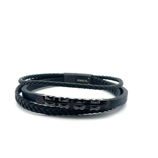 3 ROW BRAIDED WITH SQUARES BLACK MENS BRACELET