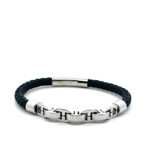 BRAIDED WITH LINK MENS SILVER BLACK BRACELET