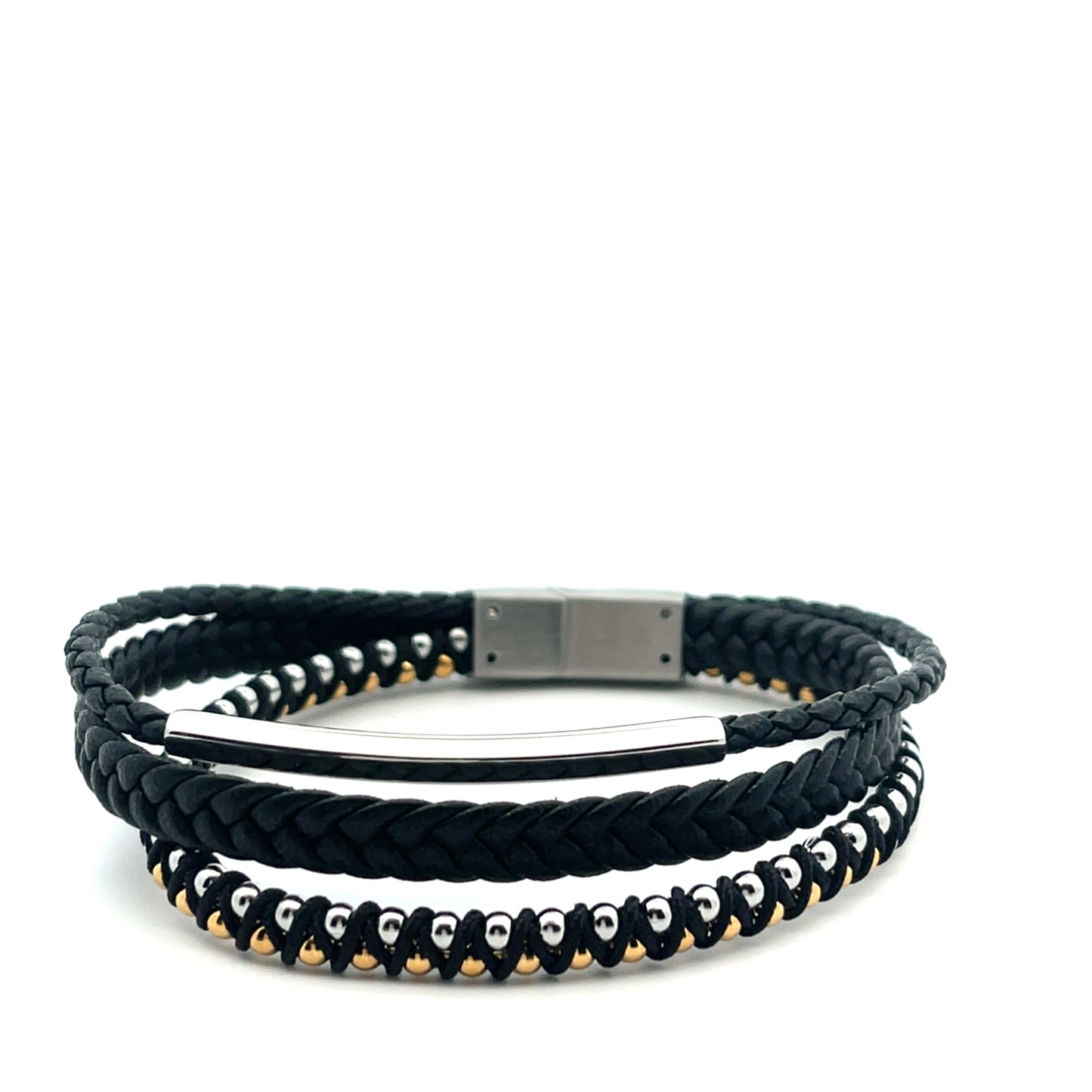 3 ROW BRAIDED THIN BRAIDED THICK AND METALLIC BEADED MENS BRACELET