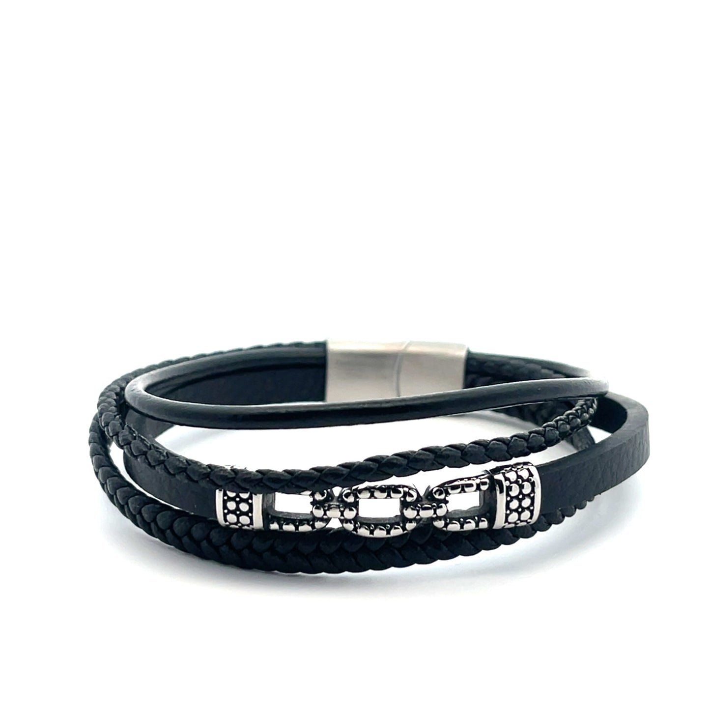 4 ROW BRAIDED WITH LINK BLACK MENS BRACELET
