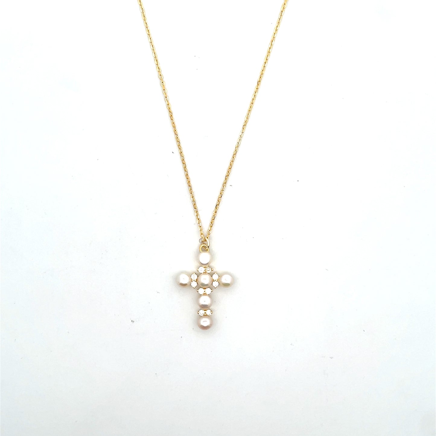 MEDIUM PEARL CROSS WITH HALO NECKLACE