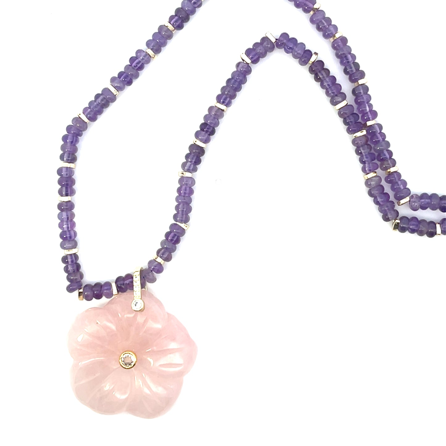 ALL AROUND BEADED PURPLE NECKLACE WITH BIG QUARTS PINK FLOWER CHARM