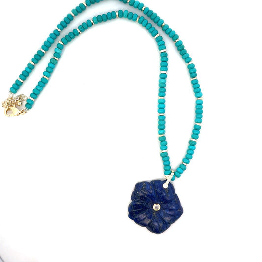 ALL AROUND BEADED TURQUOISE NECKLACE WITH BIG QUARTS BLUE FLOWER CHARM