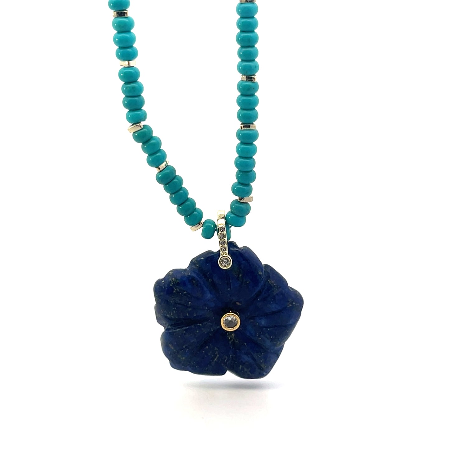 ALL AROUND BEADED TURQUOISE NECKLACE WITH BIG QUARTS BLUE FLOWER CHARM