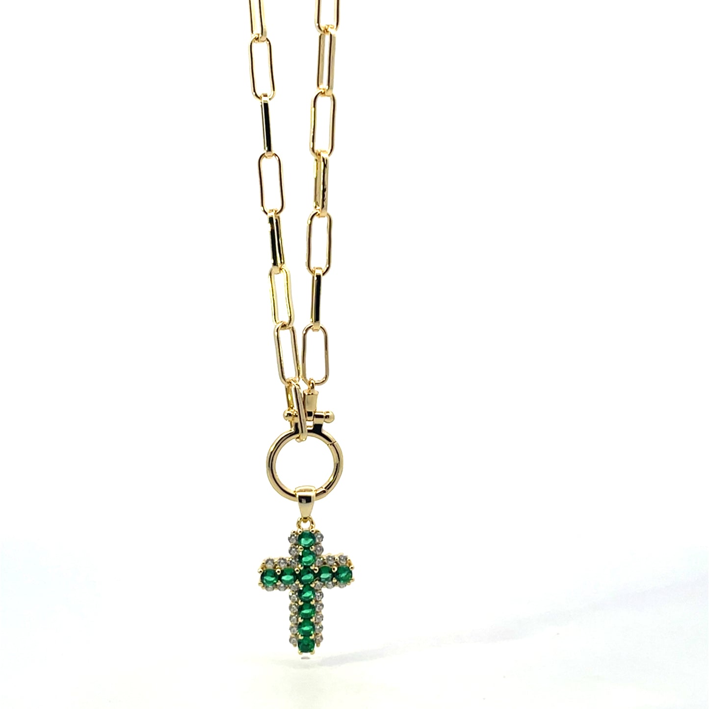 CLIP NECKLACE WITH CHARM CONNECTOR SS GOLD PLATING WITH 925 SILVER GOLD PLATING GREEN CROSS CHARM