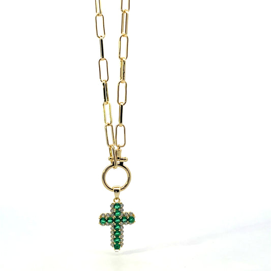 CLIP NECKLACE WITH CHARM CONNECTOR SS GOLD PLATING WITH 925 SILVER GOLD PLATING GREEN CROSS CHARM