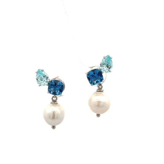 PEAR AND SQUARE BLUE WITH PEARL CHARM EARRINGS
