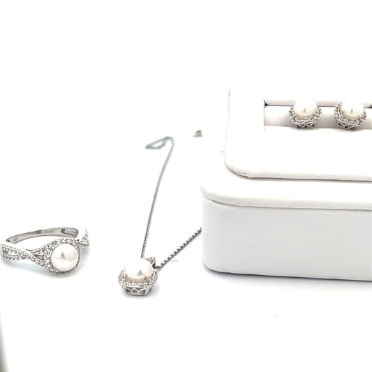 SET NECKLACE RING AND EARRING PEARL WHITE TOPAZ