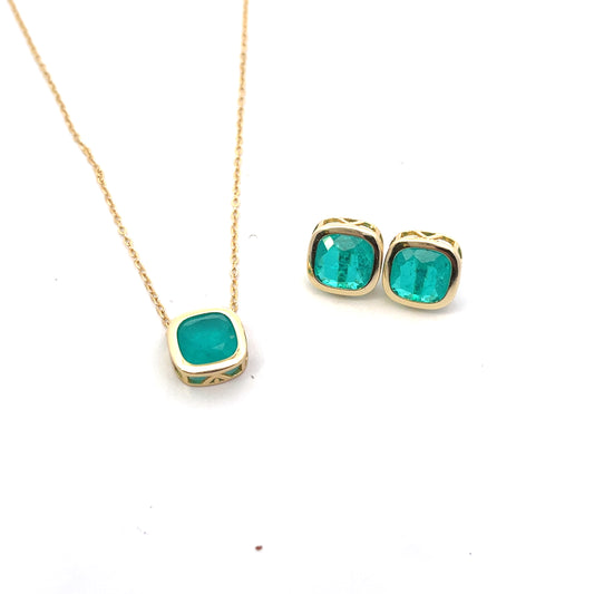 SQUARE WITH BEZEL EMERALD EARRINGS AND NECKLACE SGP