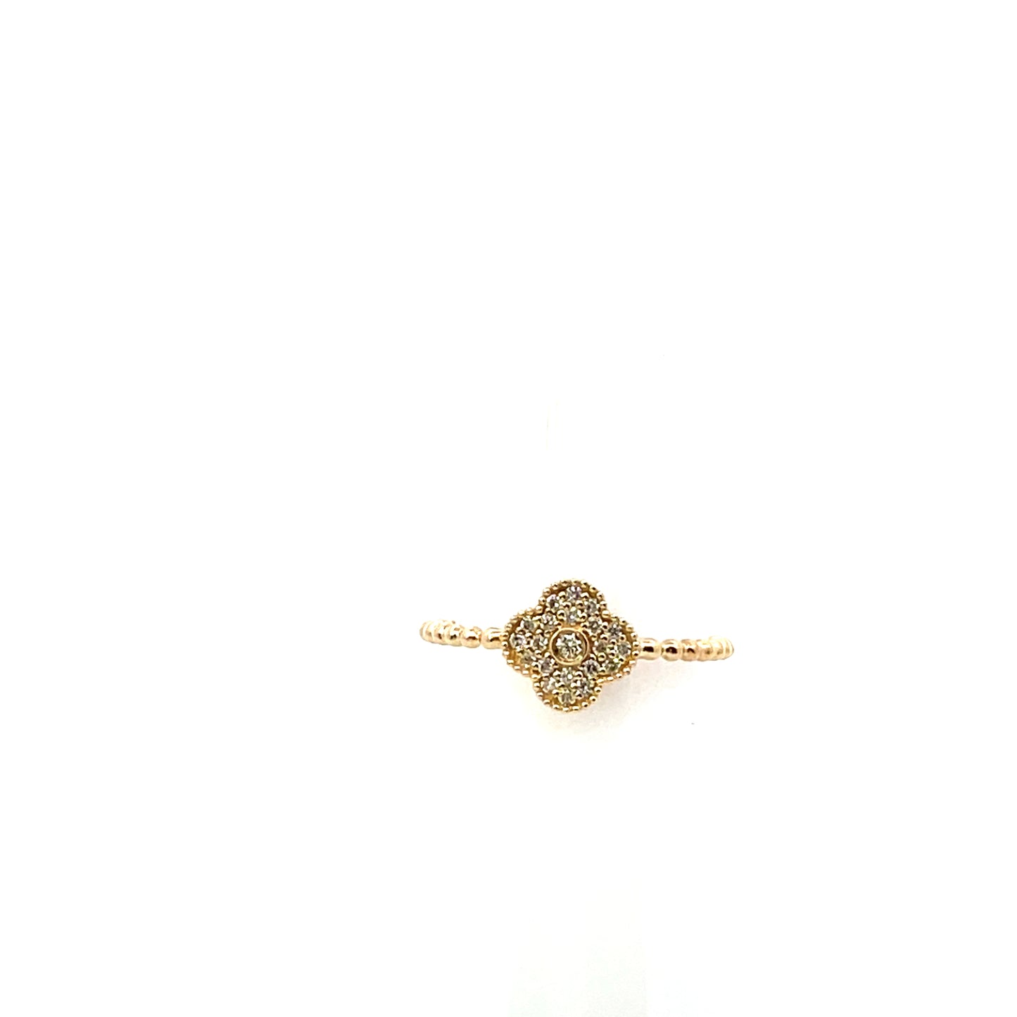 10K YG D-0.15CTW FLOWER WITH DIAMOND PAVE AND BEADED BAND
