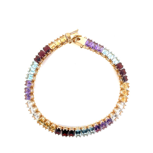 EMERALD CUT MULTIGEMSTONE CITRINE PERIDOT AMETHYST GARNET BLUE TOPAZ TENNIS BRACELET SGP 7.5"