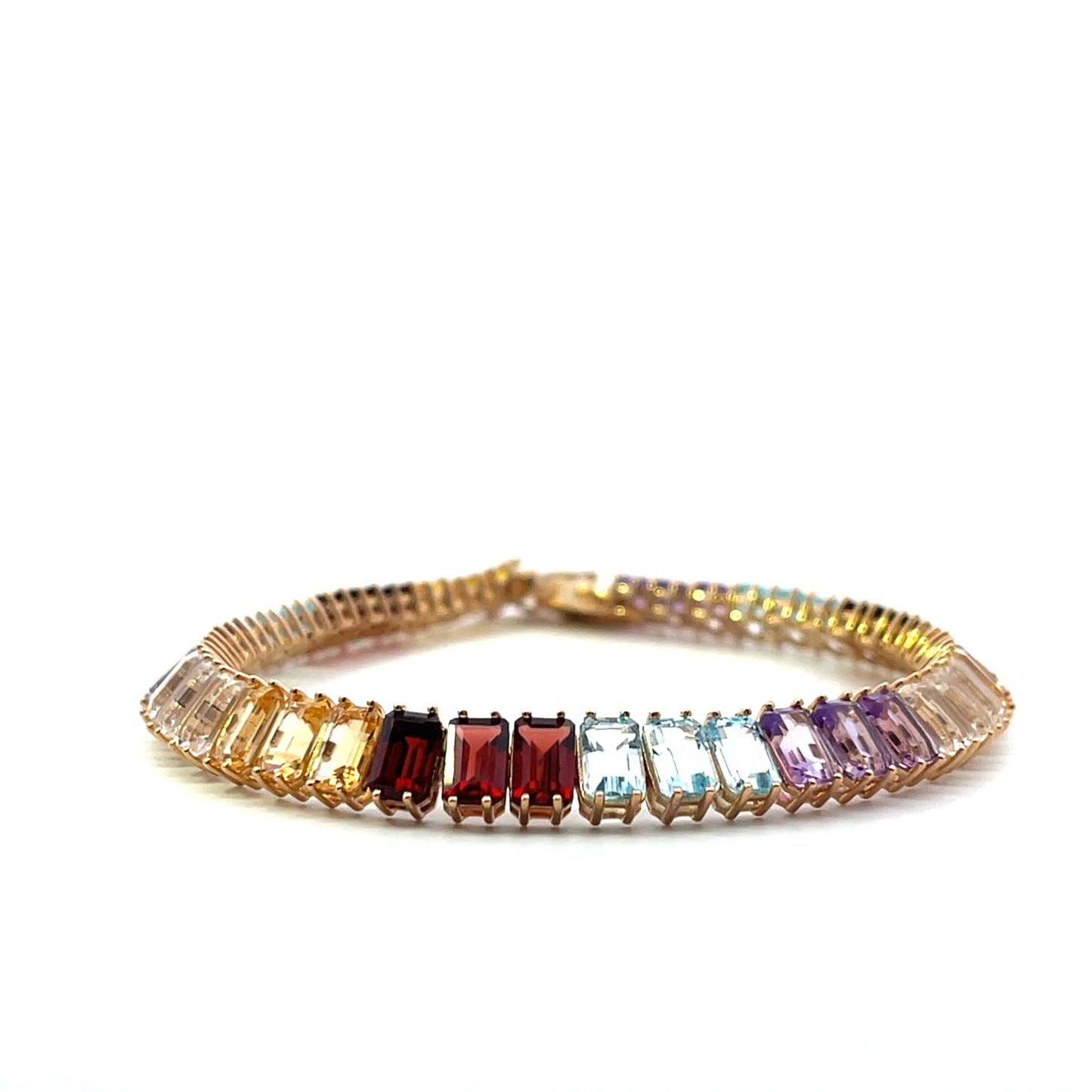 EMERALD CUT MULTIGEMSTONE CITRINE PERIDOT AMETHYST GARNET BLUE TOPAZ TENNIS BRACELET SGP 7.5"