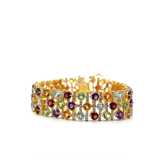 MULTIGEMSTONE CITRINE PERIDOT AMETHYST GARNET BLUE TOPAZ AND DIAMOND 3ROW BRACELET SGP 7.5"