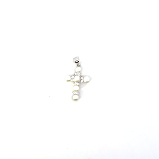 BIG PEARL CROSS CHARM SILVER