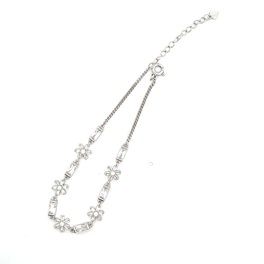 ADJUSTABLE TENNIS BRACELET BAGUETTE AND FLOWER SILVER