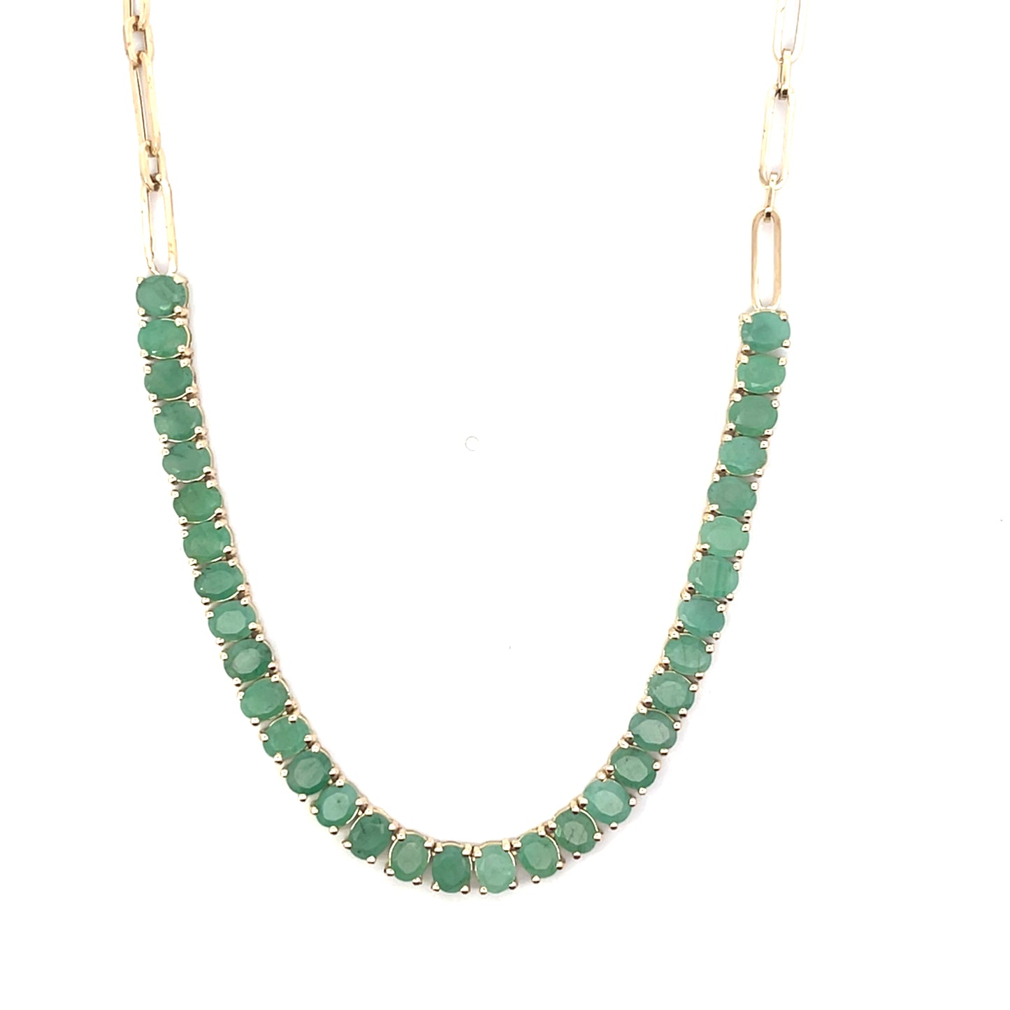 14K YG EM-12CT HALF EMERALD CLIP NECKLACE ($3,800)