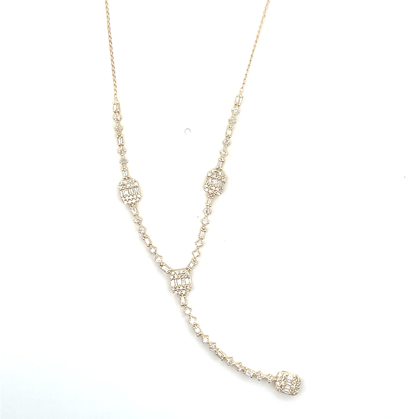 14K YG D-1.20CTW DIAMOND MULTI SHAPE LARIAT WITH RECTANGLES NECKLACE ($3,600)