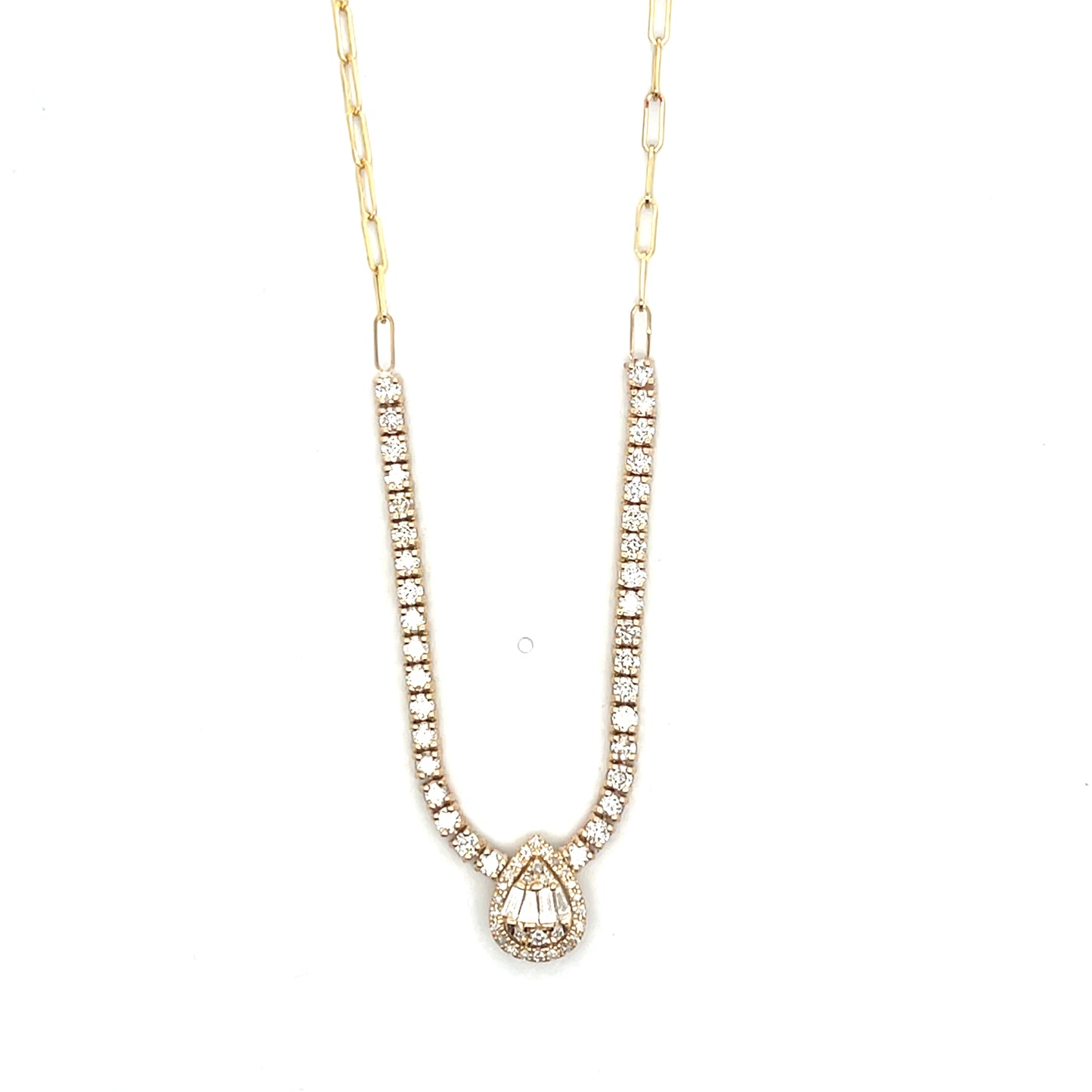 14K YG D-3 CTW PEAR SHAPE WITH HALO DIAMOND VINTAGE HALF TENNIS NECKLACE ($3,600)